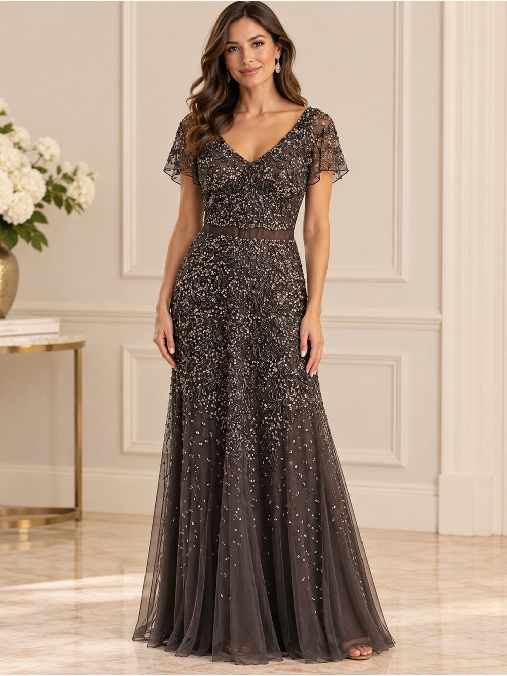 Adrianna Papell Beaded Charcoal V-Neck Evening Gown